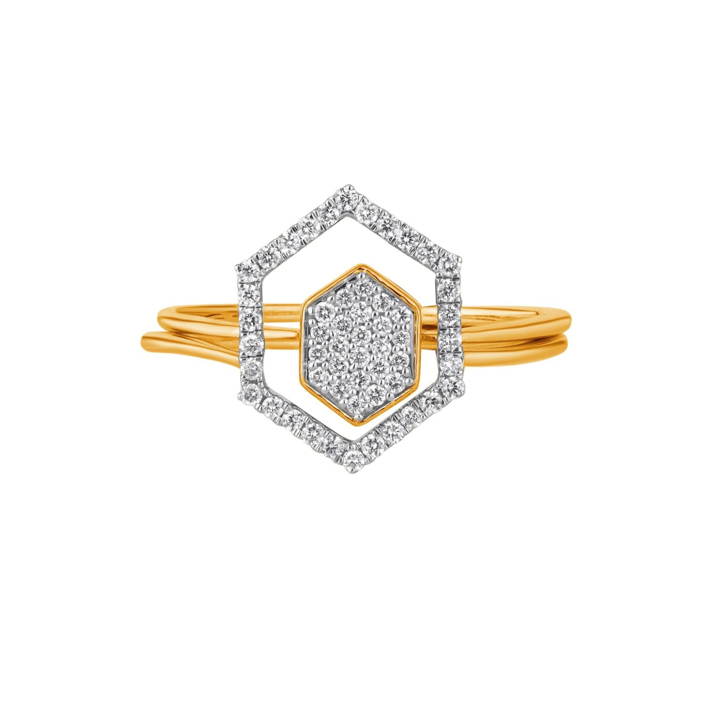 Yellow gold and diamond with Hexagon-shaped cluster setting on a white background.
