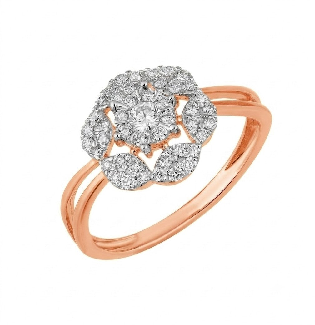A rose gold ring featuring a floral-shaped cluster of pavé diamonds, set against a plain white background.