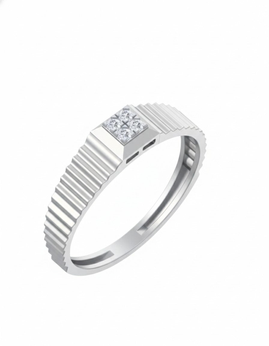 A white gold and diamond mens Aring on a plain white background.