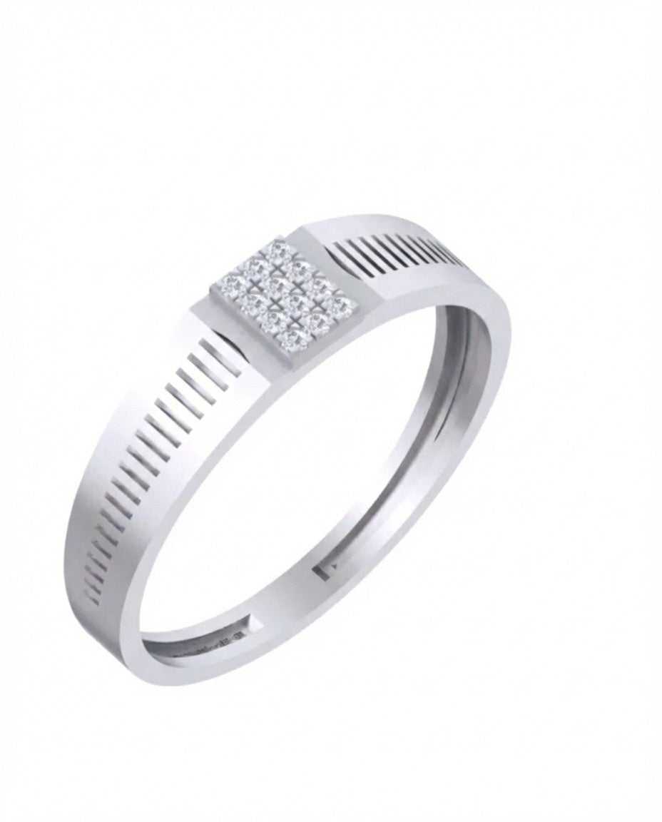 A white gold ring with a square cluster of clear stones on a plain white background.