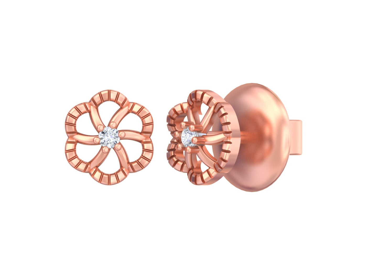 Rose Gold and diamond stud floral earrings on a white background