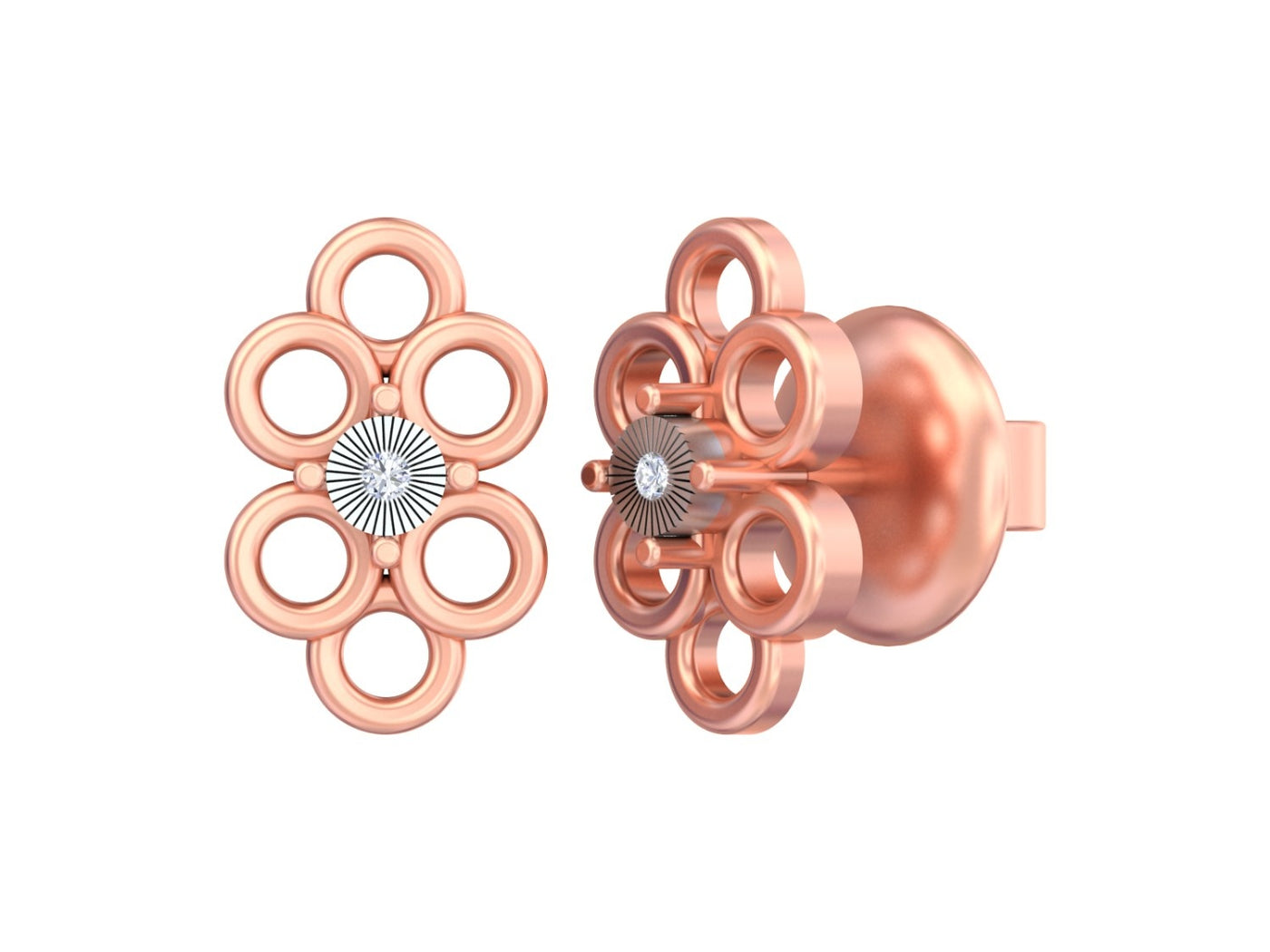 Rose Gold and diamond floral earrings on a white background