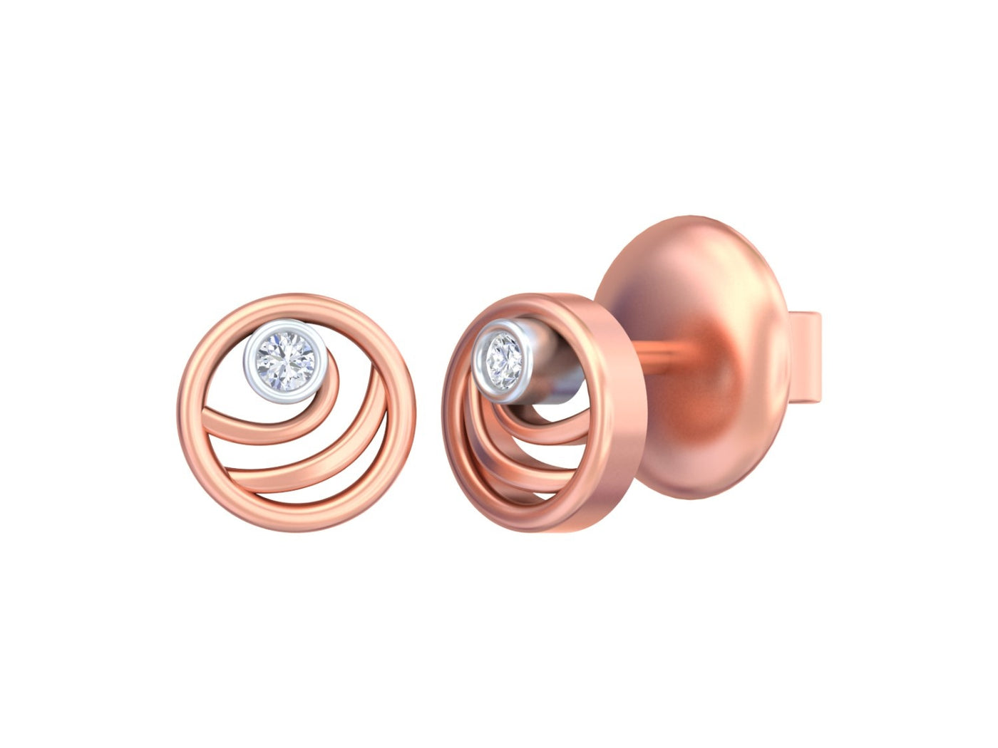 Rose Gold and diamond round-shaped stud earrings on a white background