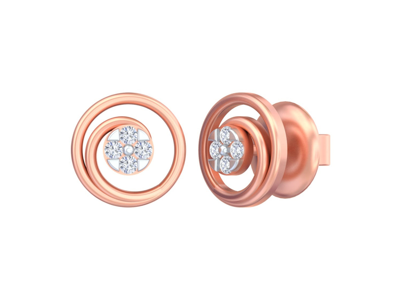 Rose gold and diamond round-shaped earrings on a white background