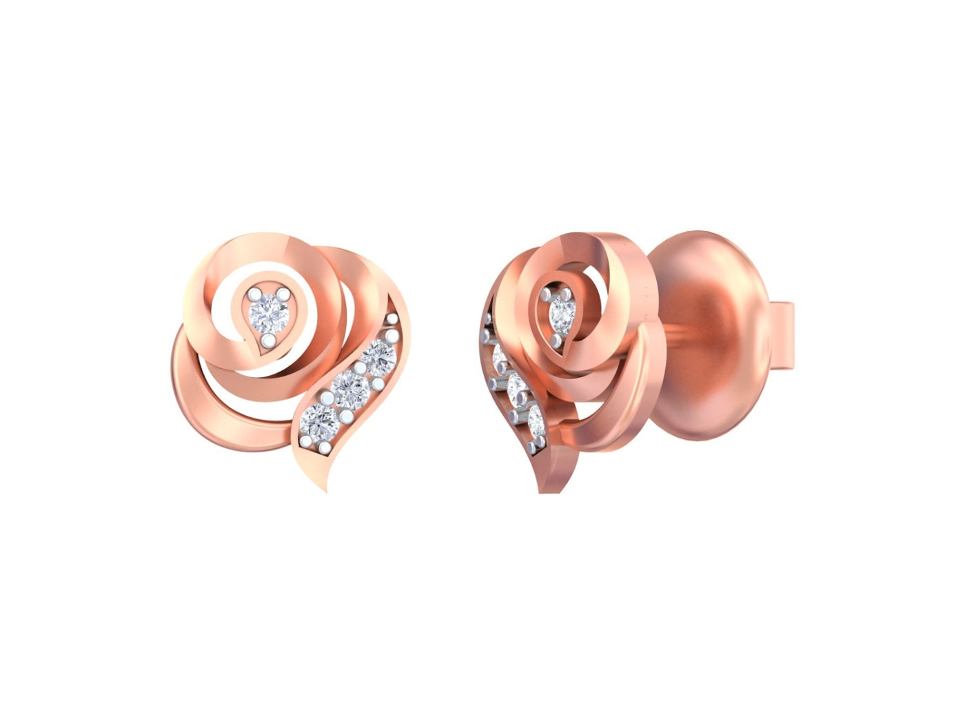 Rose gold and diamond stud earrings on a white background
