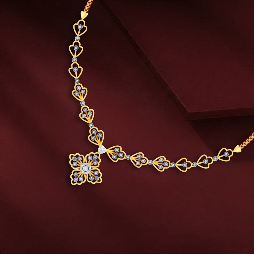 Gold and diamond necklace with floral design on a dark red background