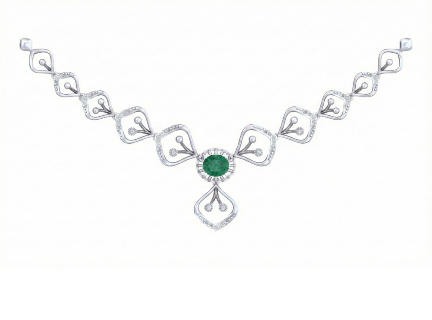 A white gold and diamond gold necklace featuring a central round green emerald stone, on a plain white background.