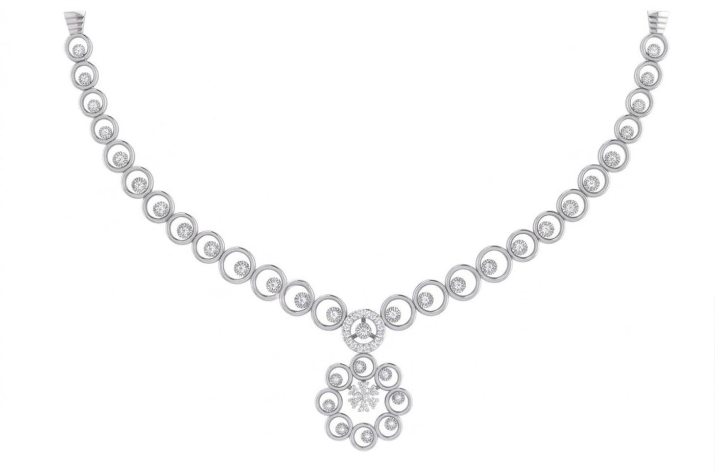 A white gold and diamond necklace featuring a repeating pattern of oval links with round clear stones, on a white background.