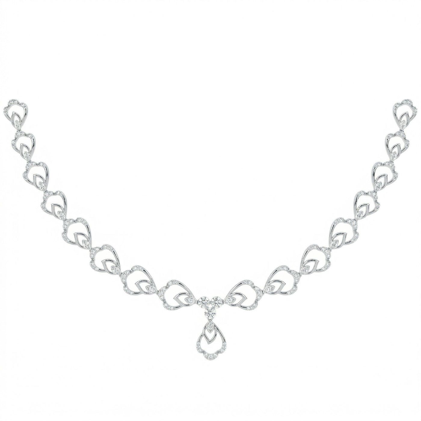 A white gold and diamond necklace, with a central teardrop-shaped pendant, shown on a plain white background.