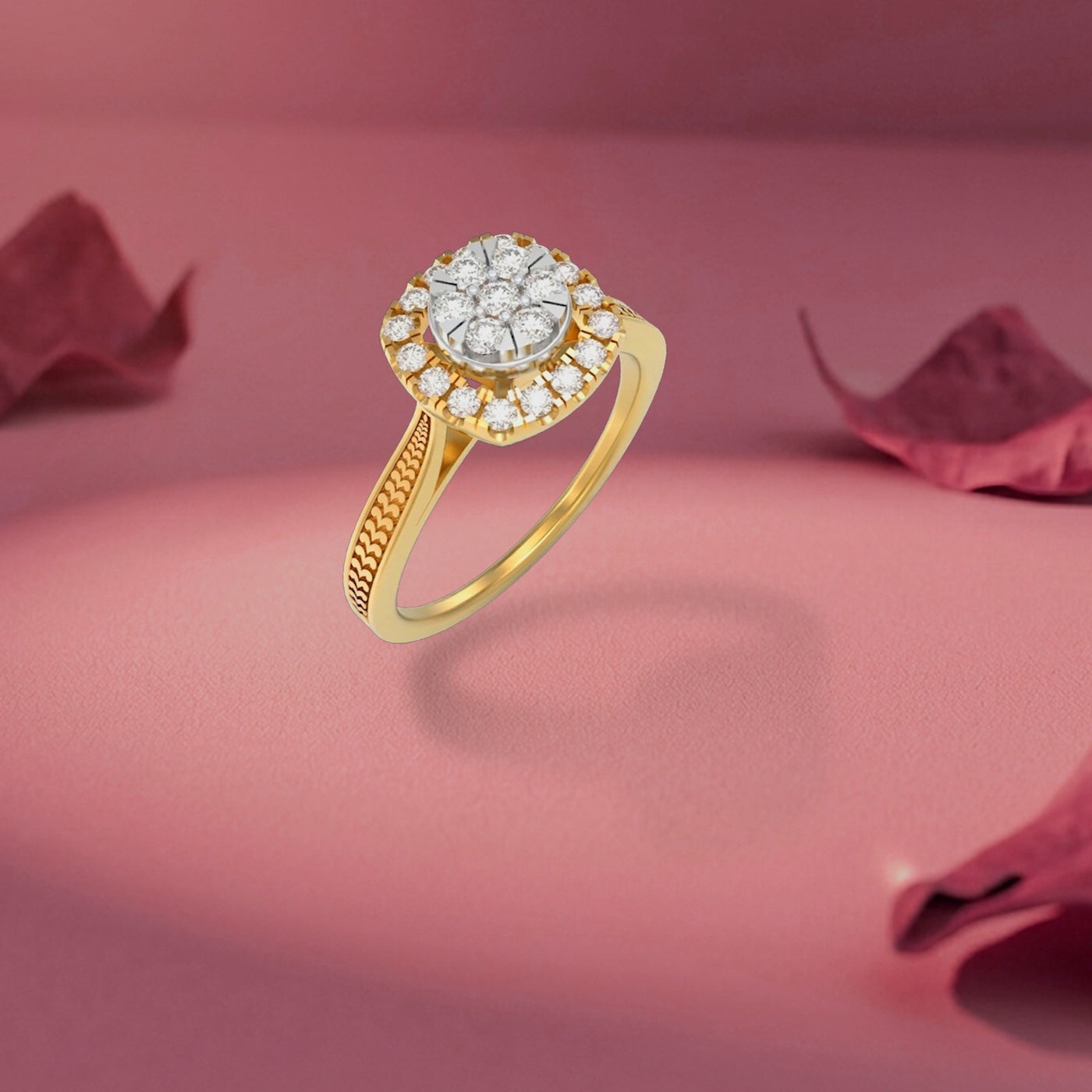 Gold ring with a diamond on a pink background
