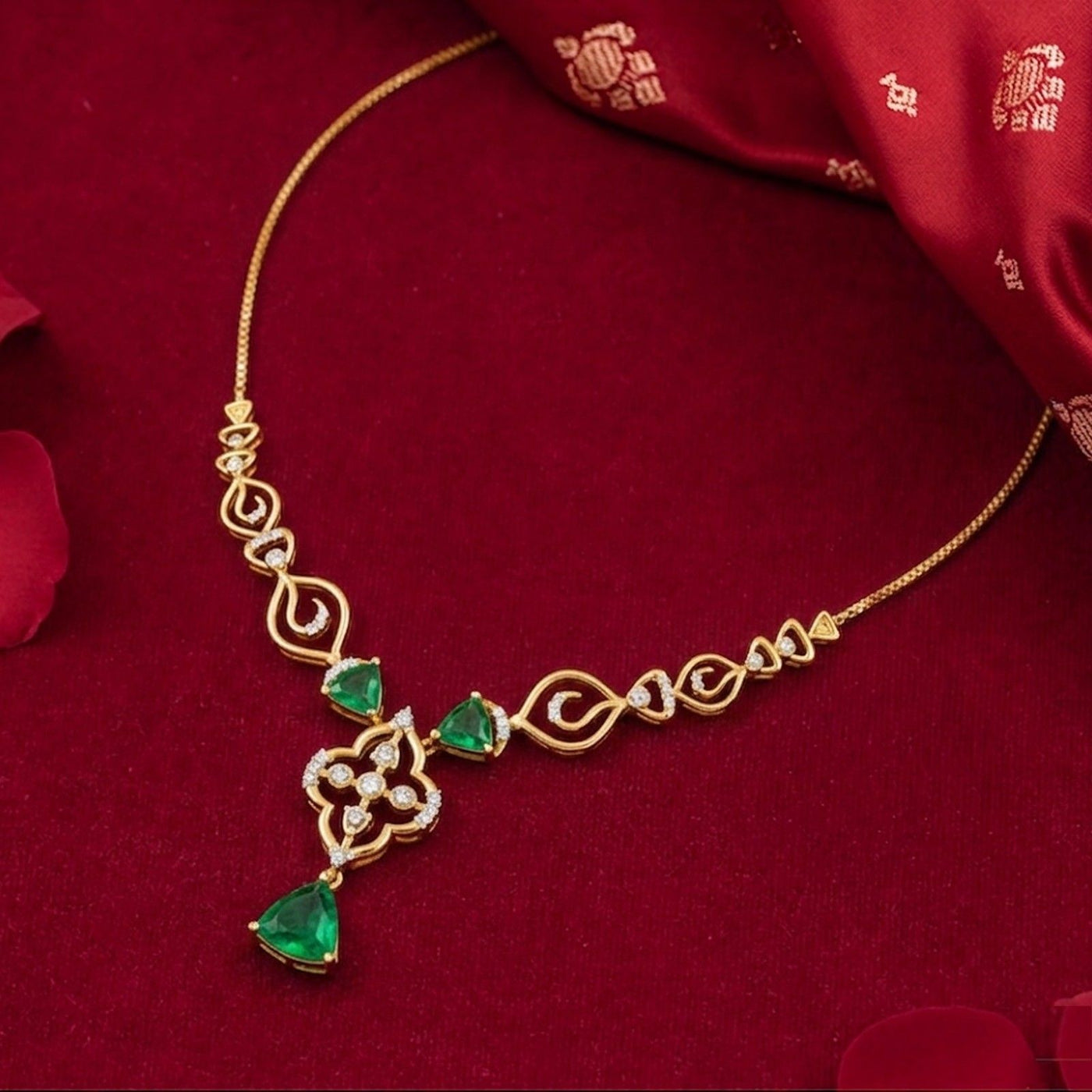 Gold necklace with green emerald-cut gemstones displayed on a deep red fabric background.