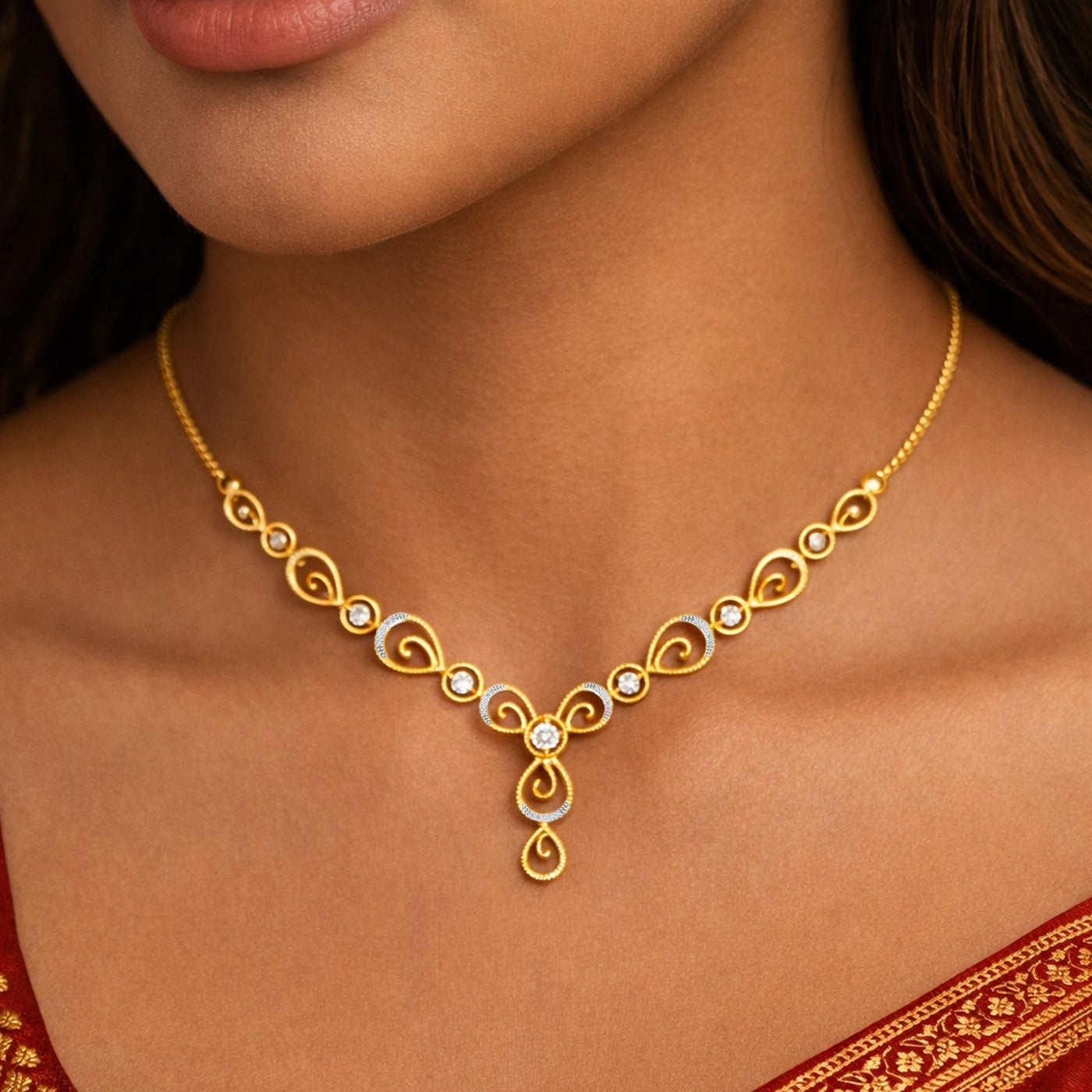 Gold necklace with intricate design on a person wearing a red saree.