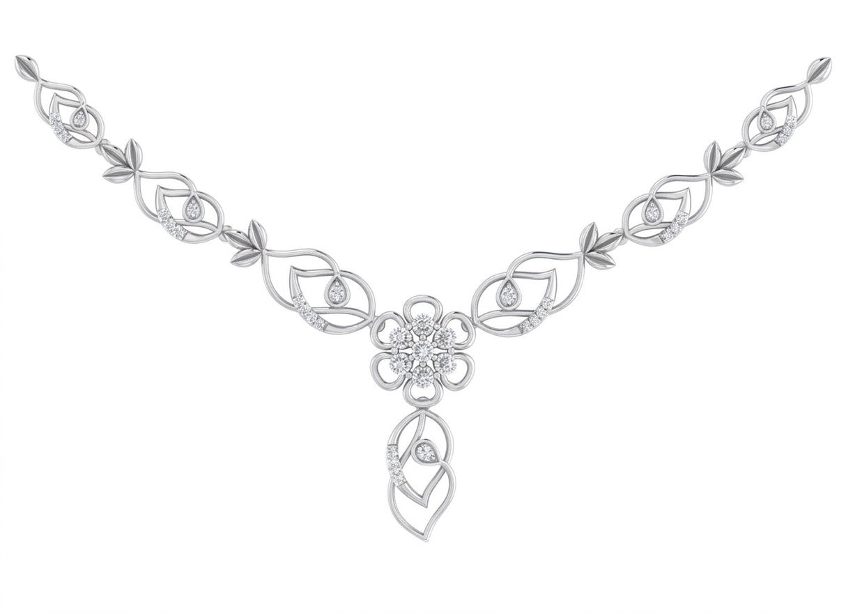 White gold necklace with diamond accents, featuring a central floral motif on a plain white background.
