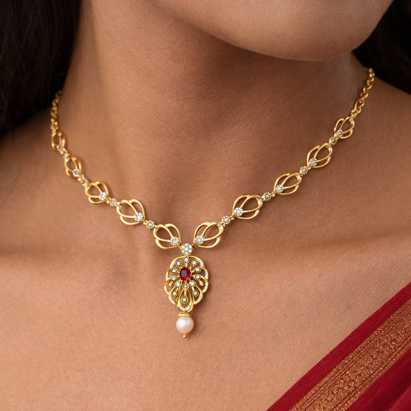 Gold & Diamond Gemstone Necklace Set KRC60049