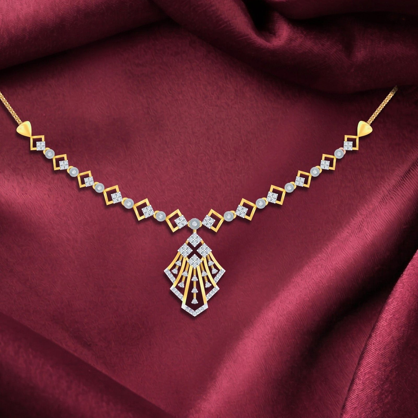 A gold and diamond necklace, displayed on draped burgundy satin fabric.