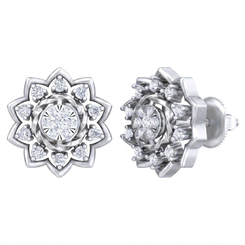 A pair of white gold earrings with sparkling diamonds arranged in a floral pattern around a central diamond.
