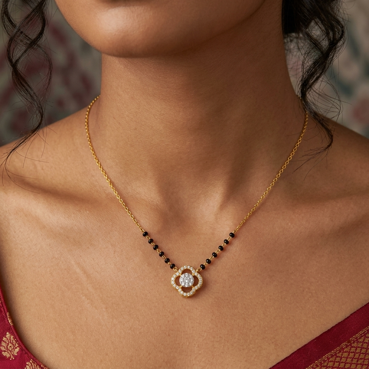 Gold & Diamond Floral Beaded Mangalsutra For Women KRC50146