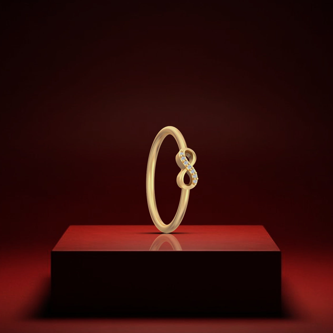Gold ring on a red platform with a dark background
