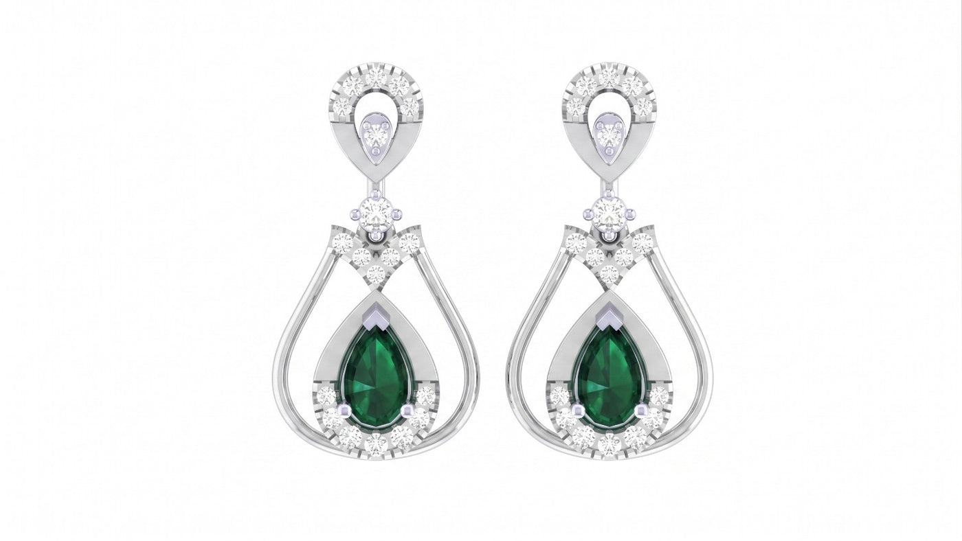 White gold and diamond drop earring with emerald gemstone on a white background.
