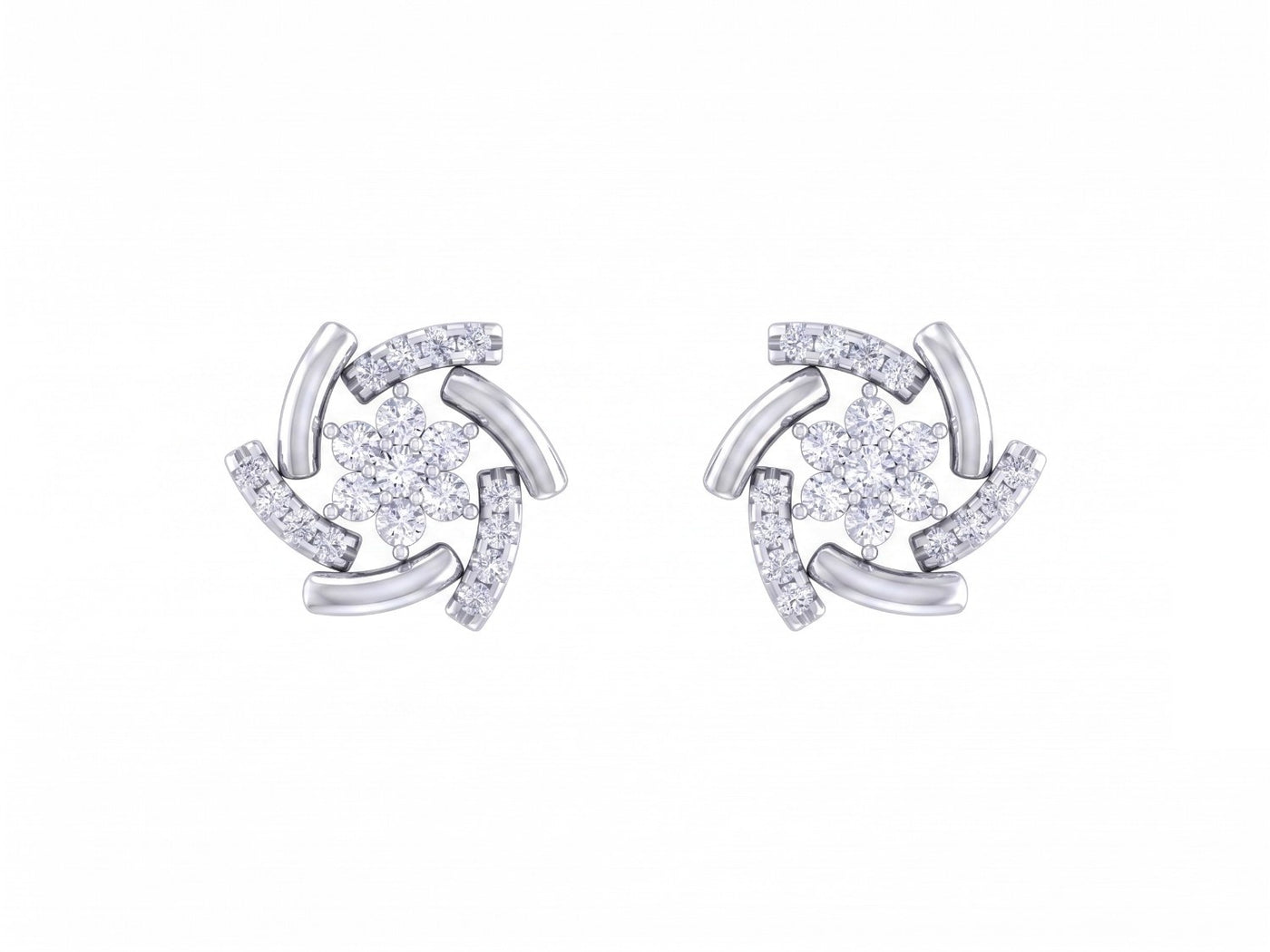 White gold and diamond stud earring with floral-design on a white background.