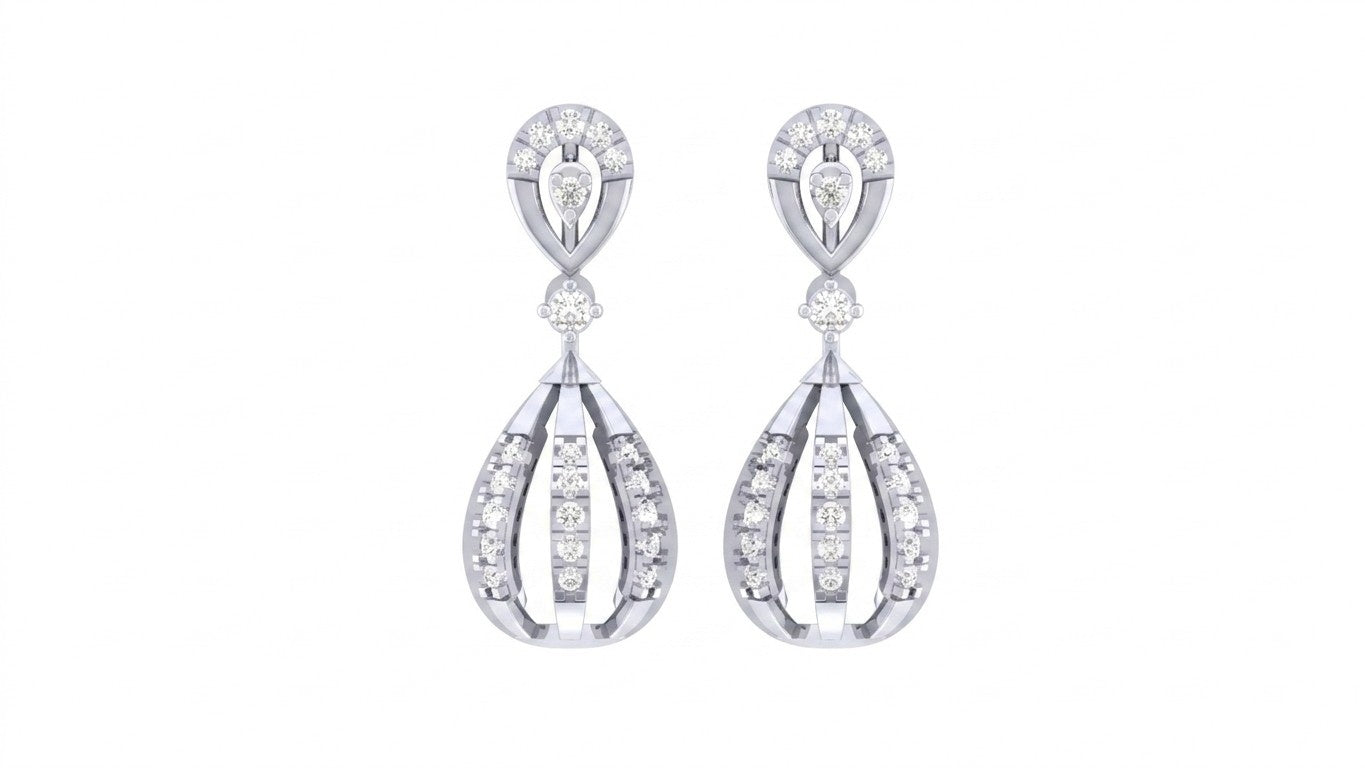 White gold and diamond drop earring with teardrop-design on a white background.