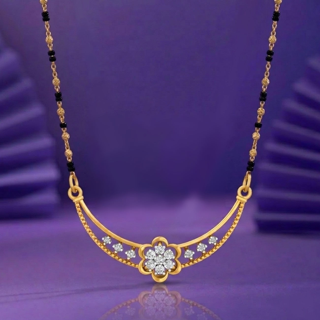 Yellow Elegant Gold & Diamond Mangalsutra on purple background