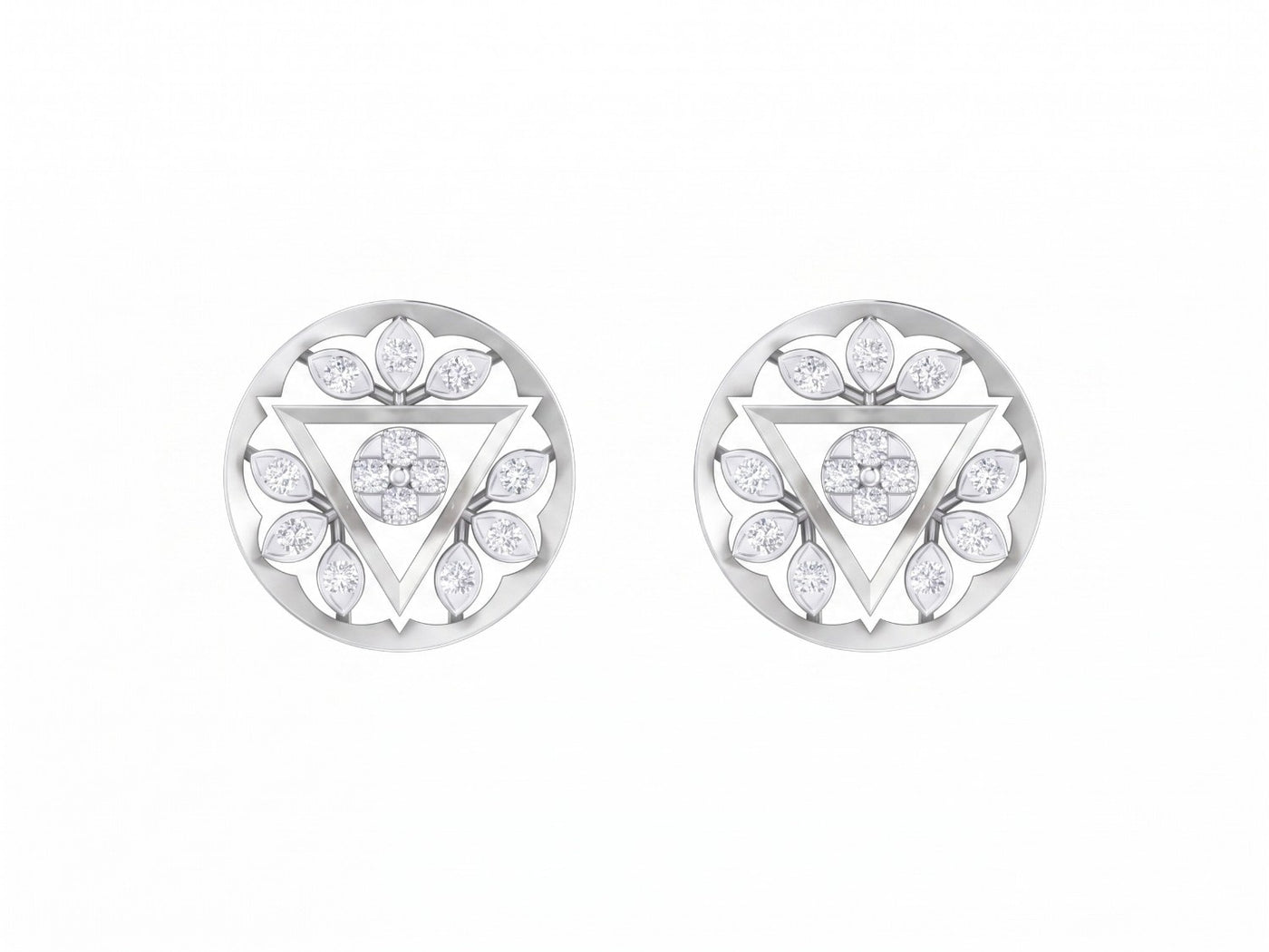 White gold and diamond round-shaped stud earrings with triangular design on a white background