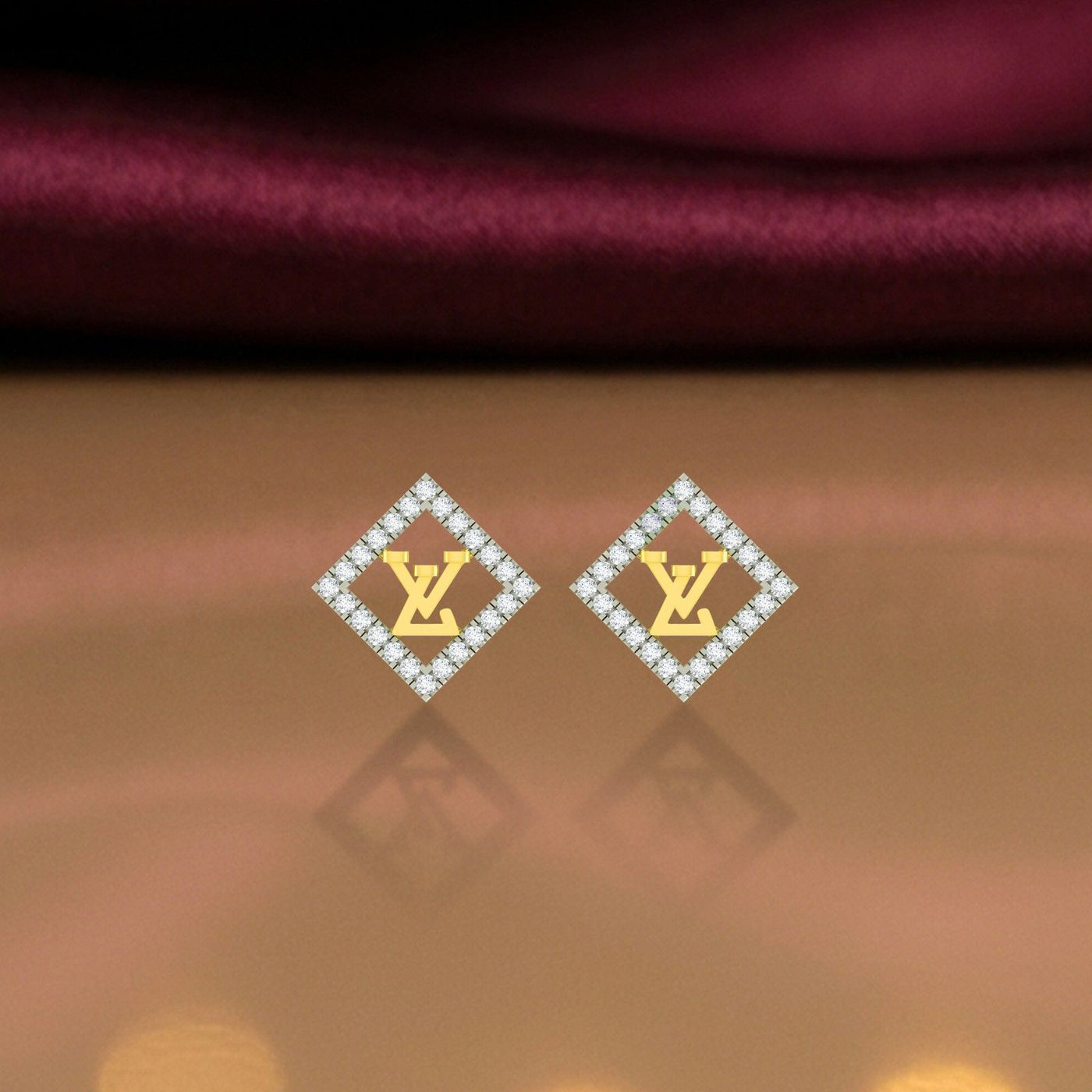 Yellow gold and diamond stud earring with square-shaped on a reflective surface.