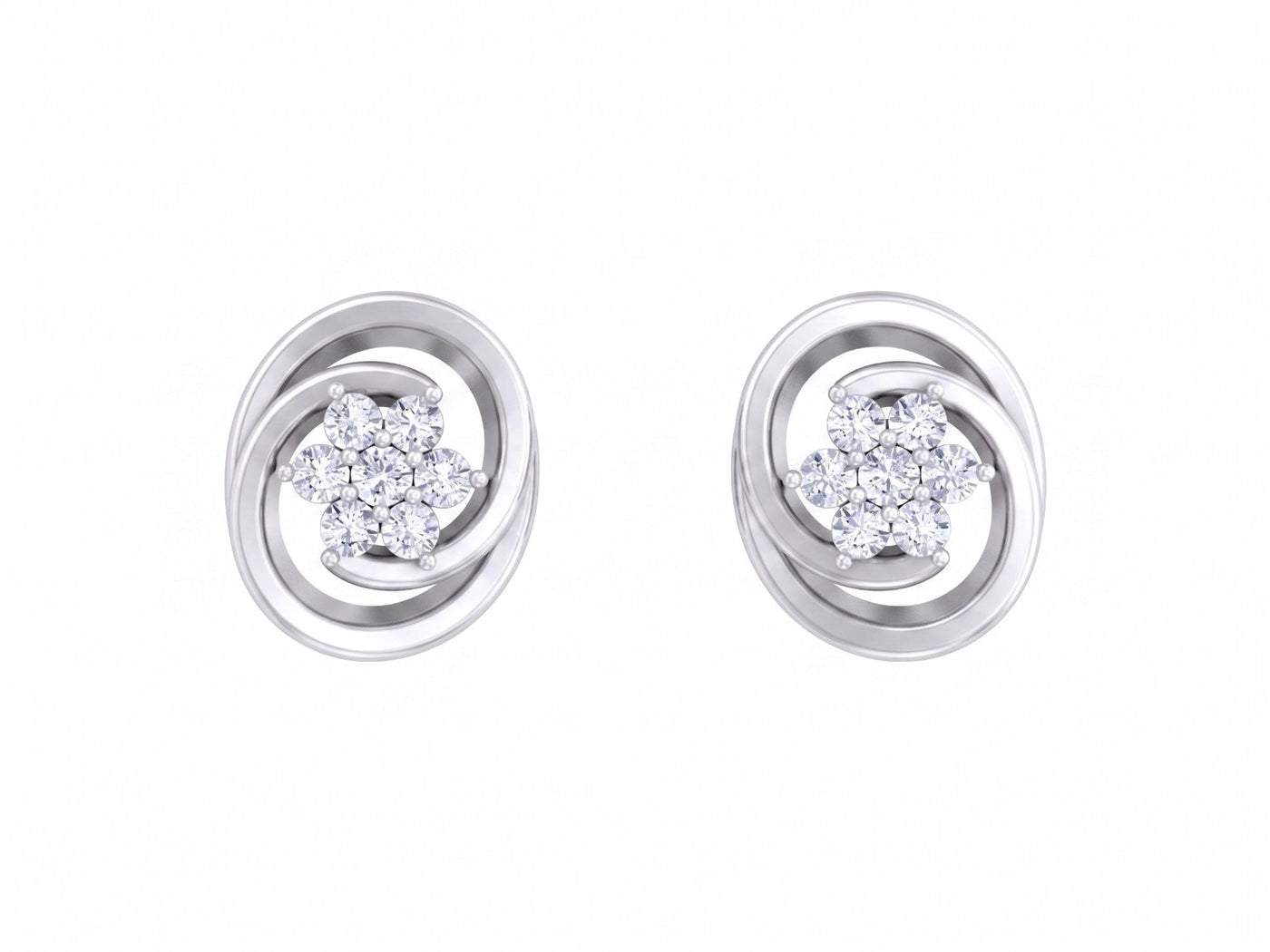 White gold and diamond stud earring with floral-design on a white background.