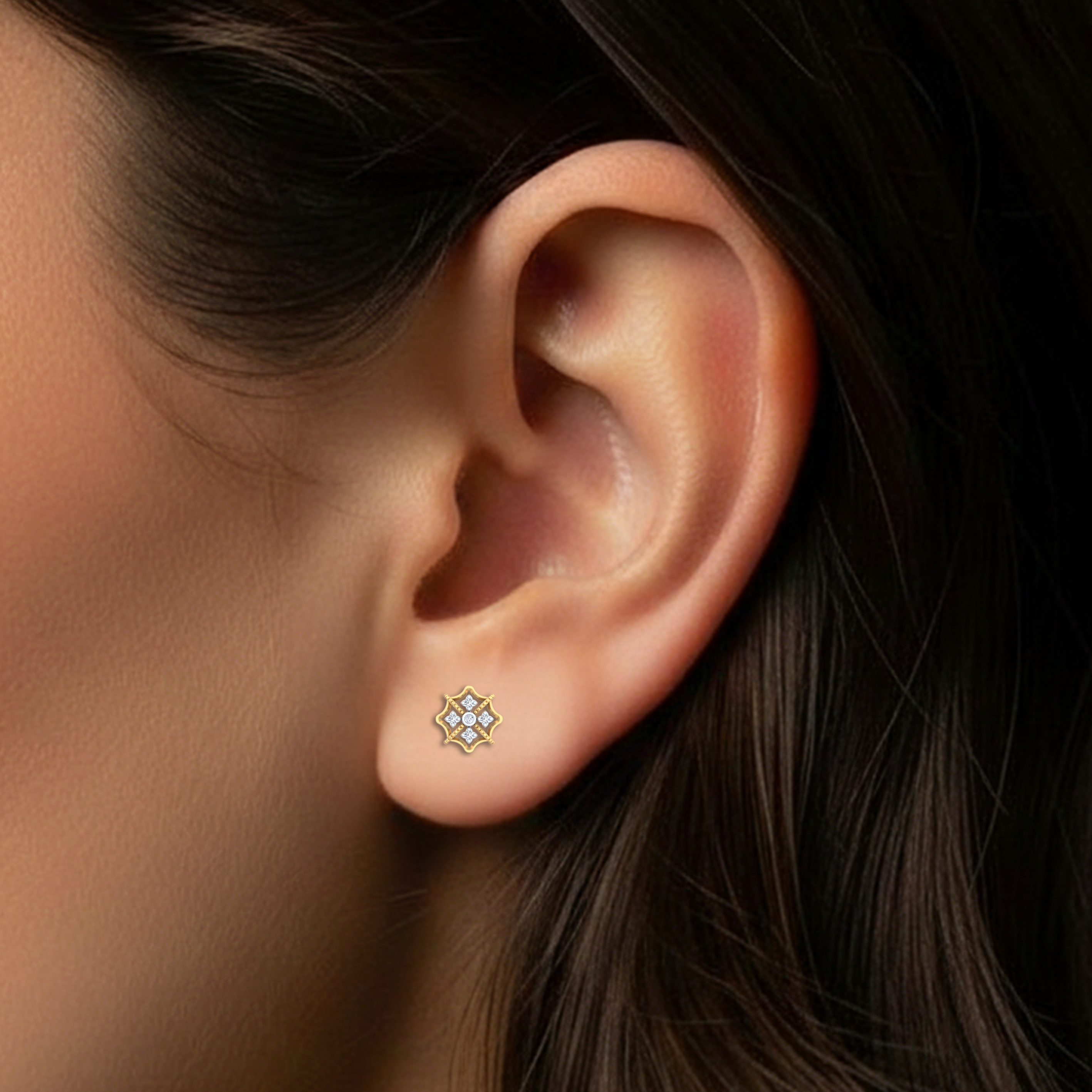 Yellow Gold Diamond Earring close up shot | under 40k 