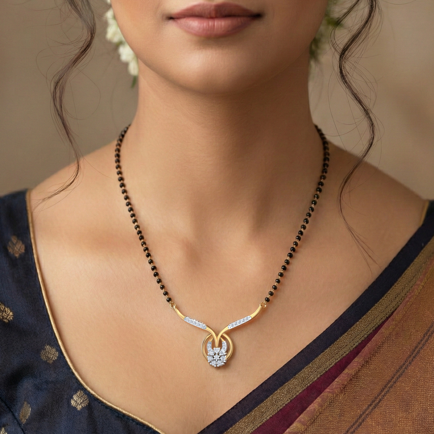 Gold & Diamond Floral Mangalsutra For Women KRC50081