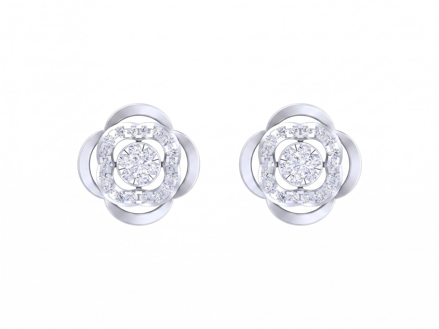 Pair of white gold and diamond floral-design stud earrings on a white background.