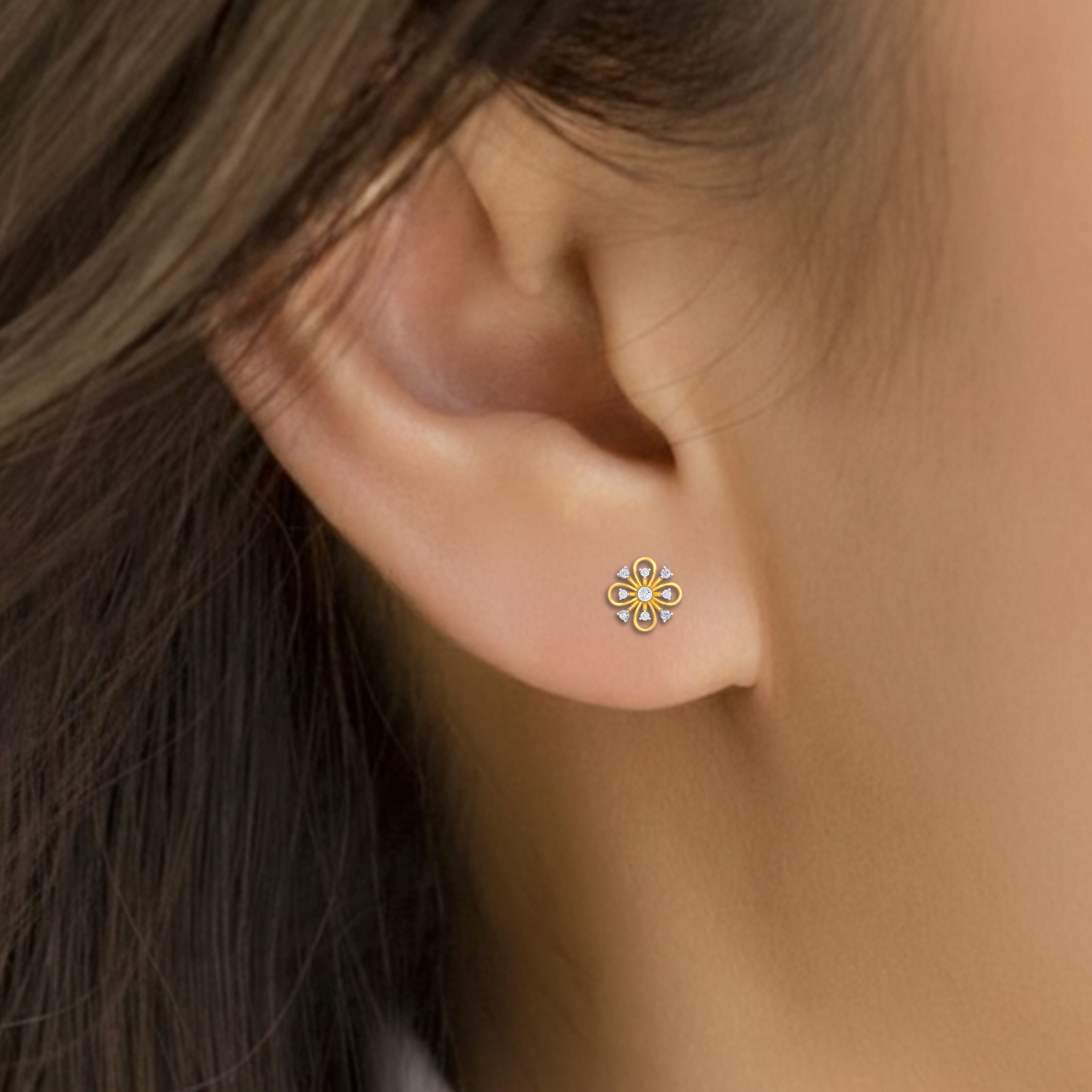 Yellow Gold Diamond Earring close up shot| under 40k 