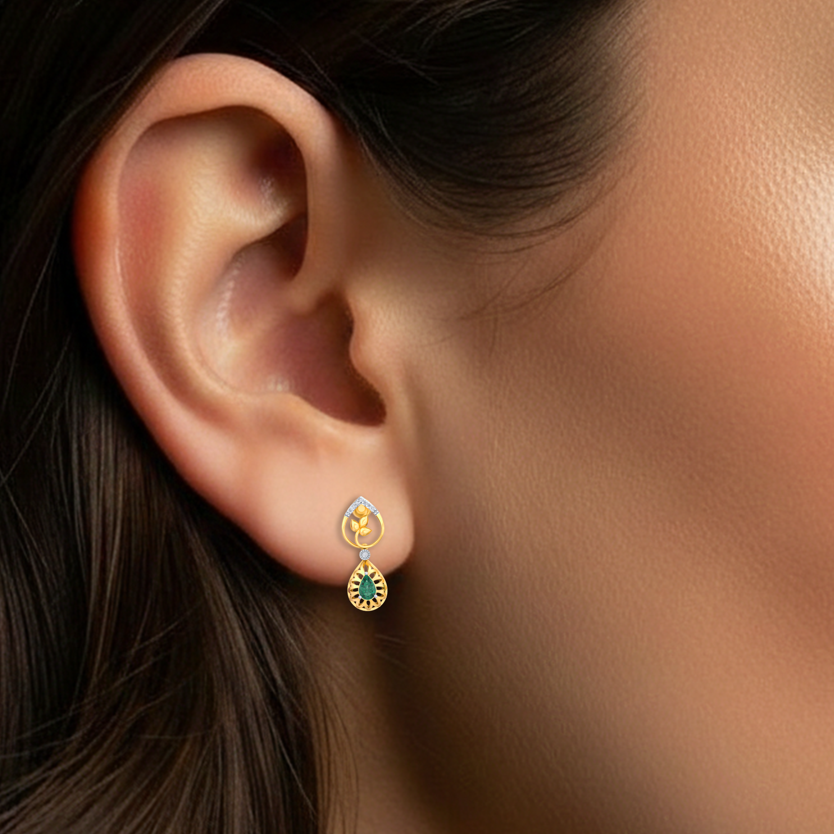 Yellow Gold Diamond Earring close up shot| under 40k 