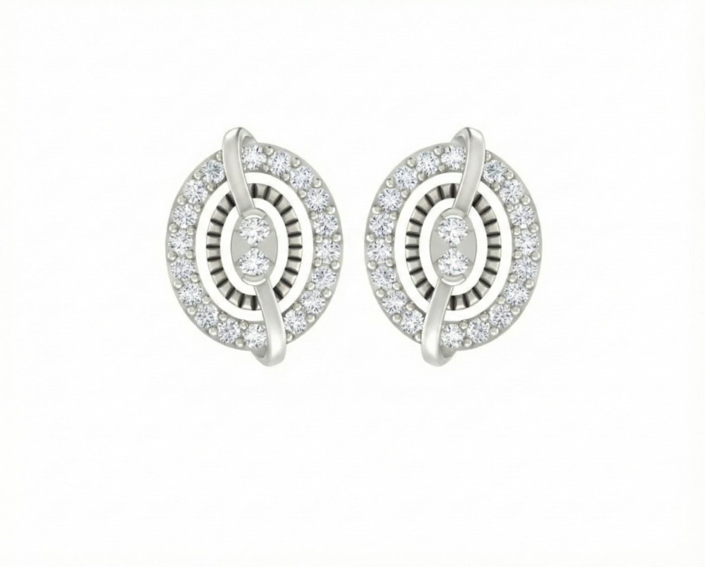 White gold and diamond stud earring with round-shaped on a white background.