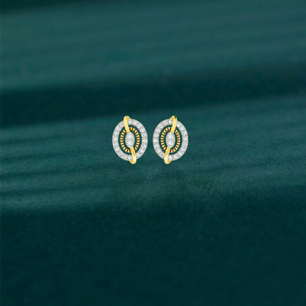 Gold and diamond stud earring with round-shaped on a teal background.