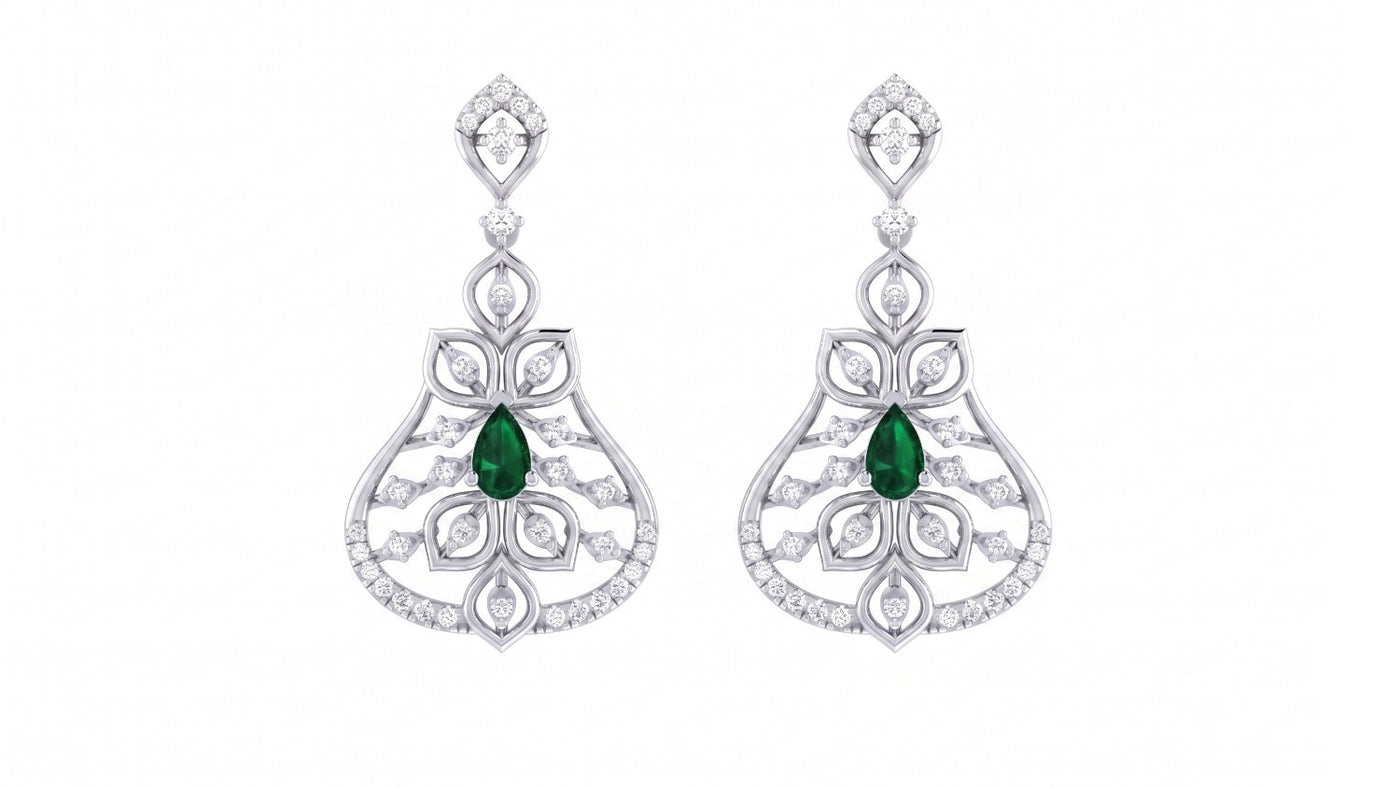 White gold and diamond earrings with clear gemstones on a white background.