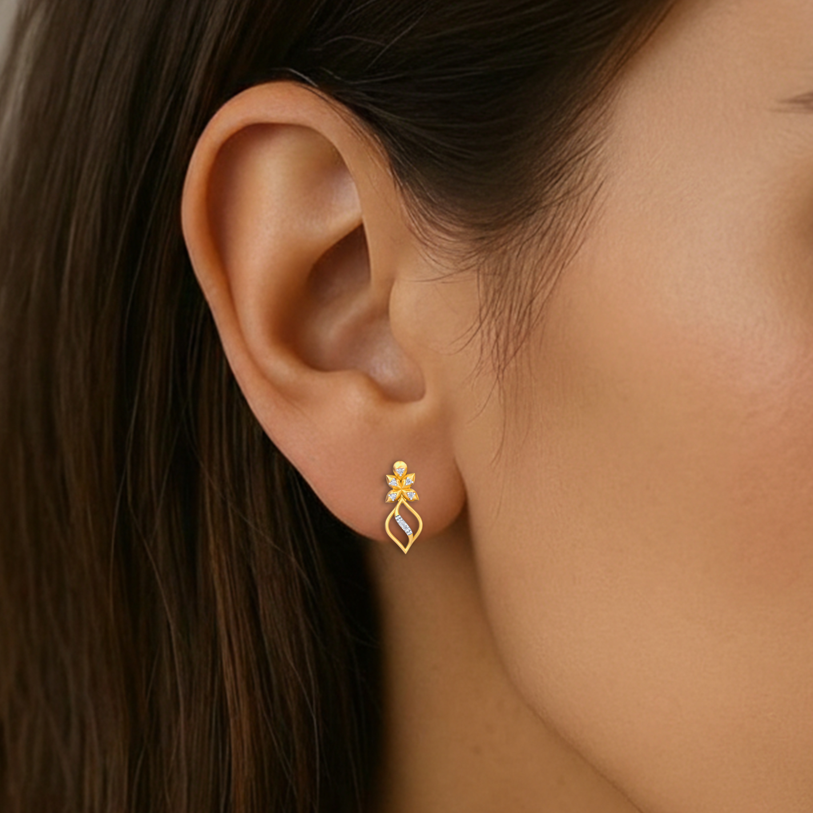 Yellow Gold Diamond Earring close up shot| under 40k 