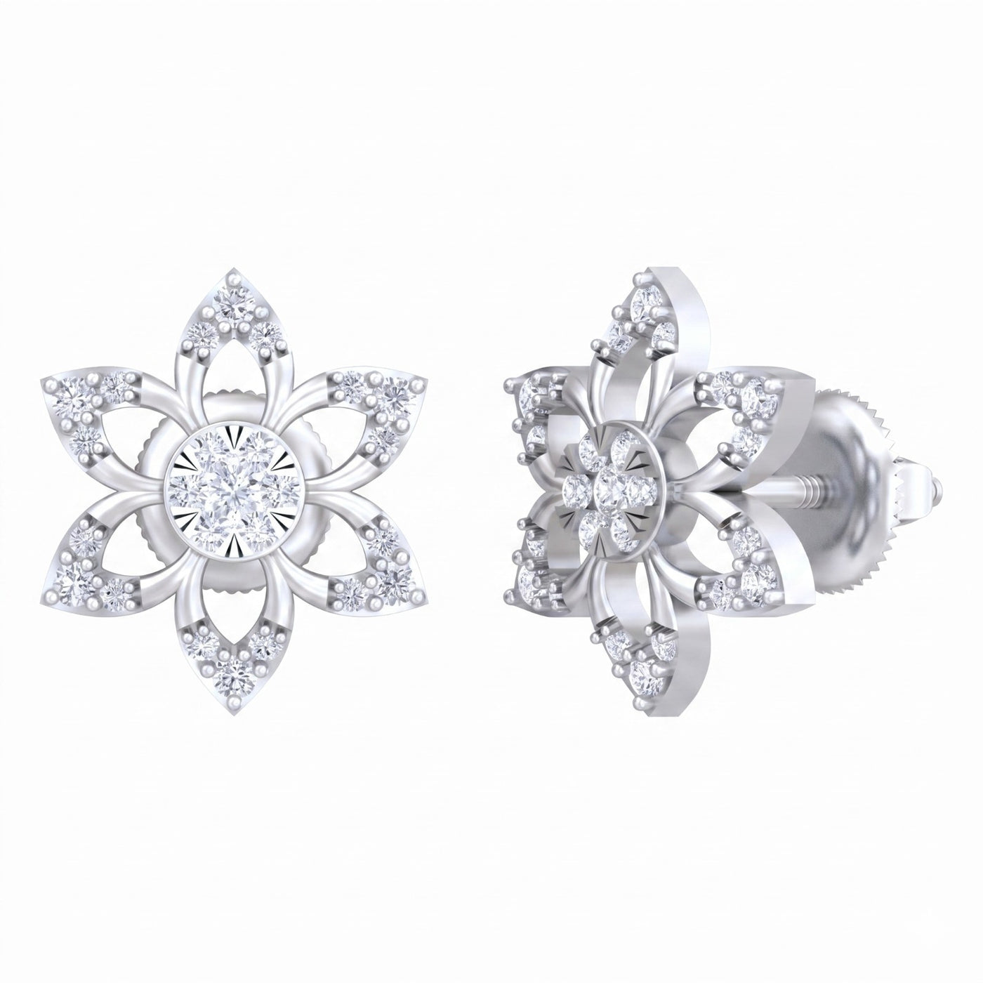 White gold and diamond stud earring with floral-shaped on a white background.