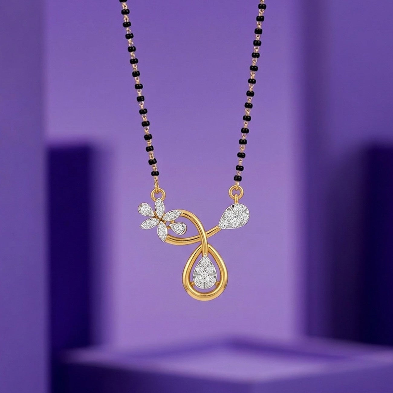 Yellow Gold & Diamond Floral Mangalsutra on purple background