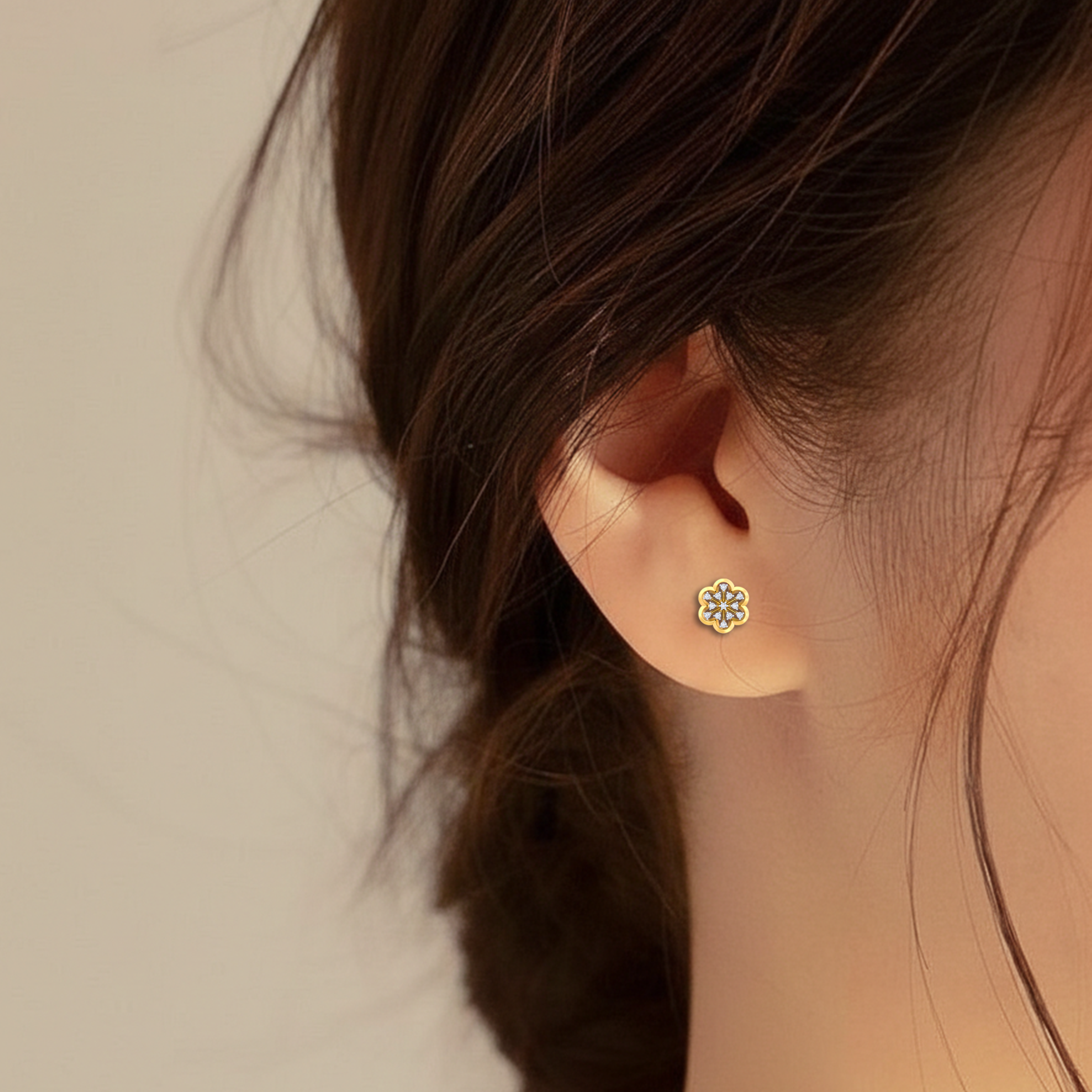 Yellow Gold Diamond Earring close up shot | under 40k 