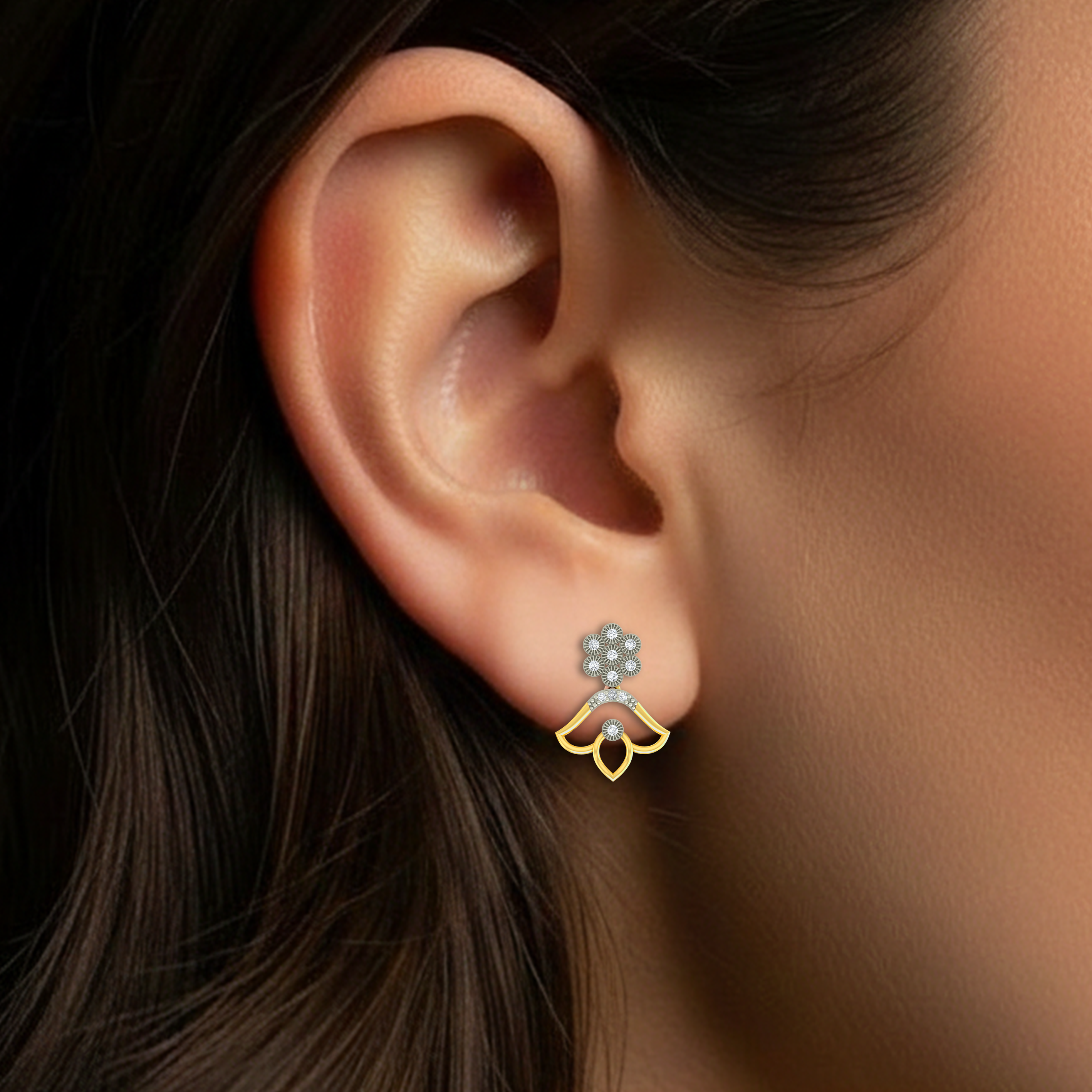 Yellow Gold Diamond Earring close up shot | under 40k 
