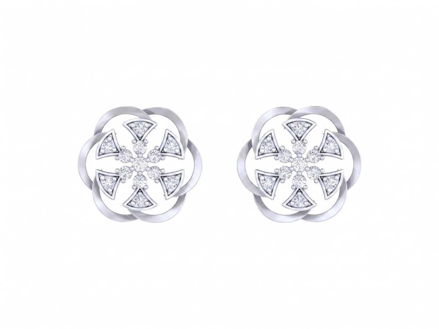 White gold and diamond stud earring with floral-design on a white background.