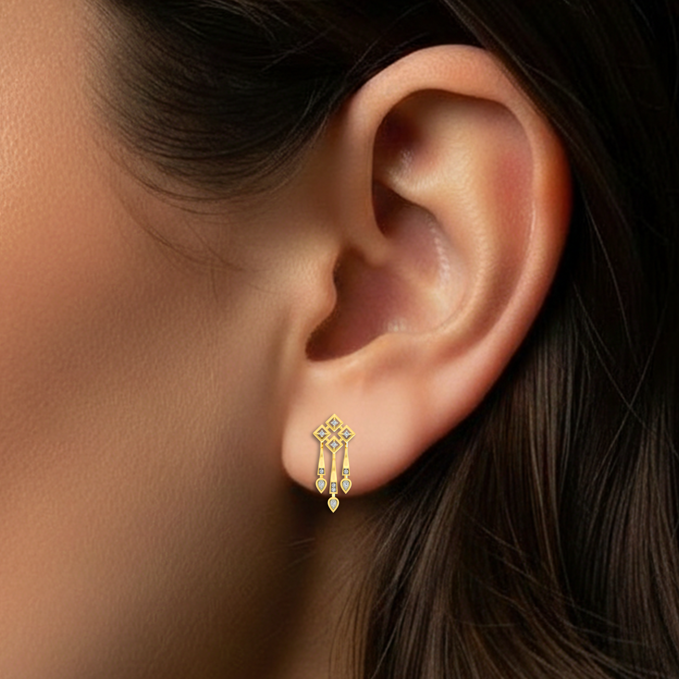 Yellow Gold Diamond Earring close up shot| under 40k 