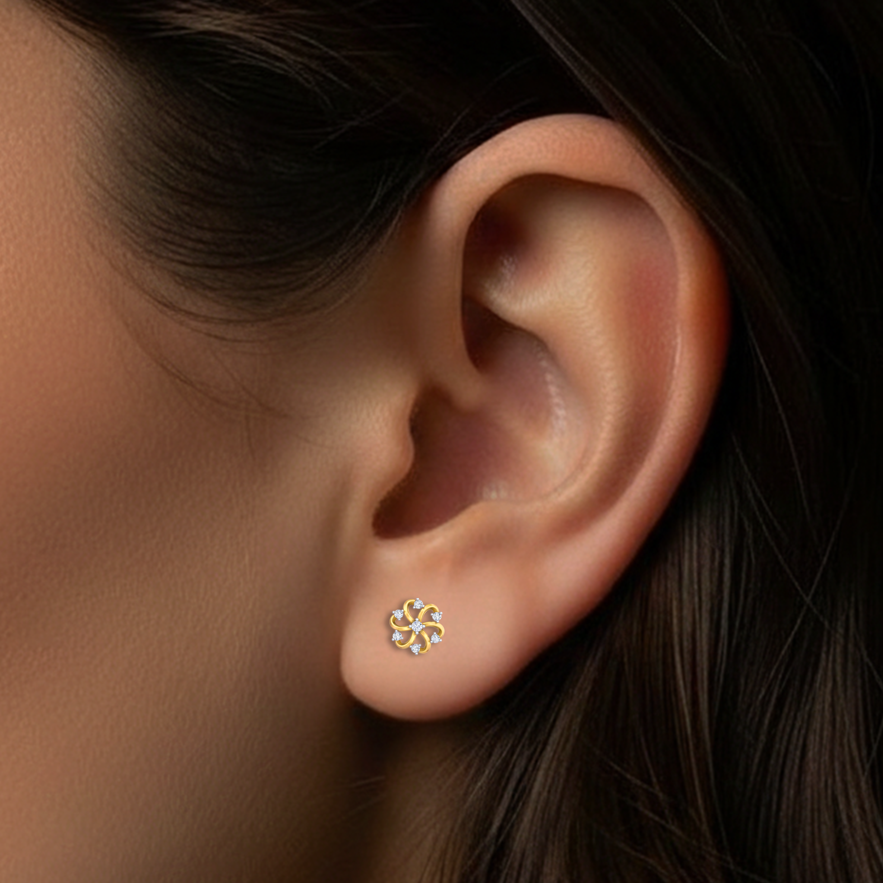 Yellow Gold Diamond Earring close up shot | under 40k 