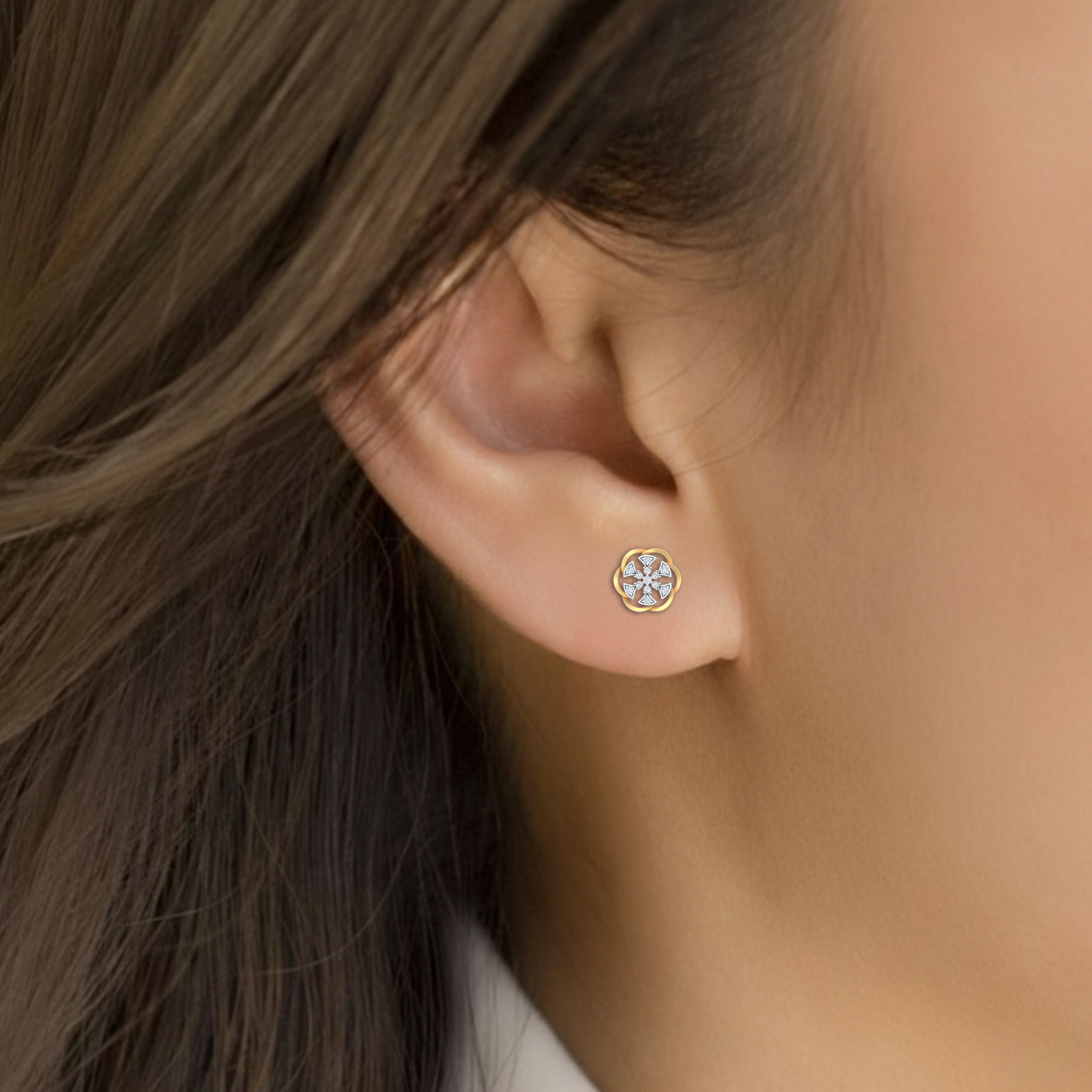 Yellow Gold Diamond Earring close up shot | under 40k 
