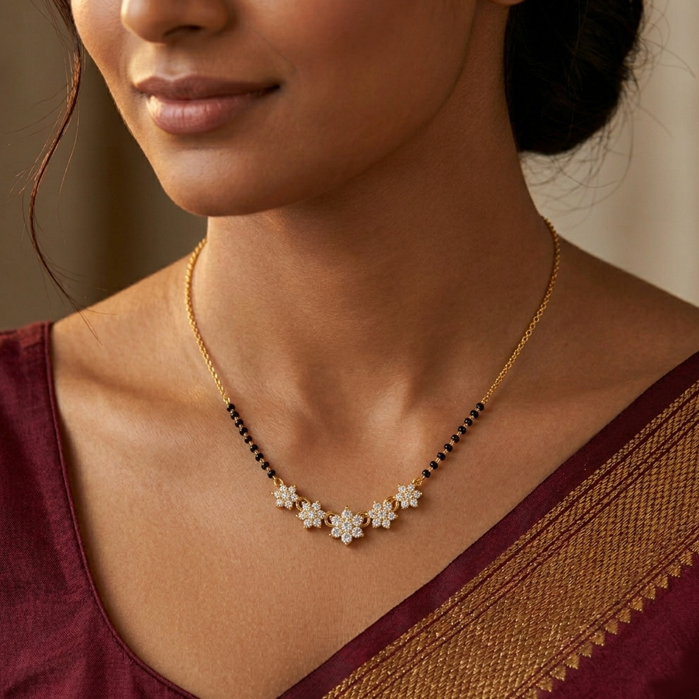 Gold And Diamond Floral Mangalsutra For Women KRC50152