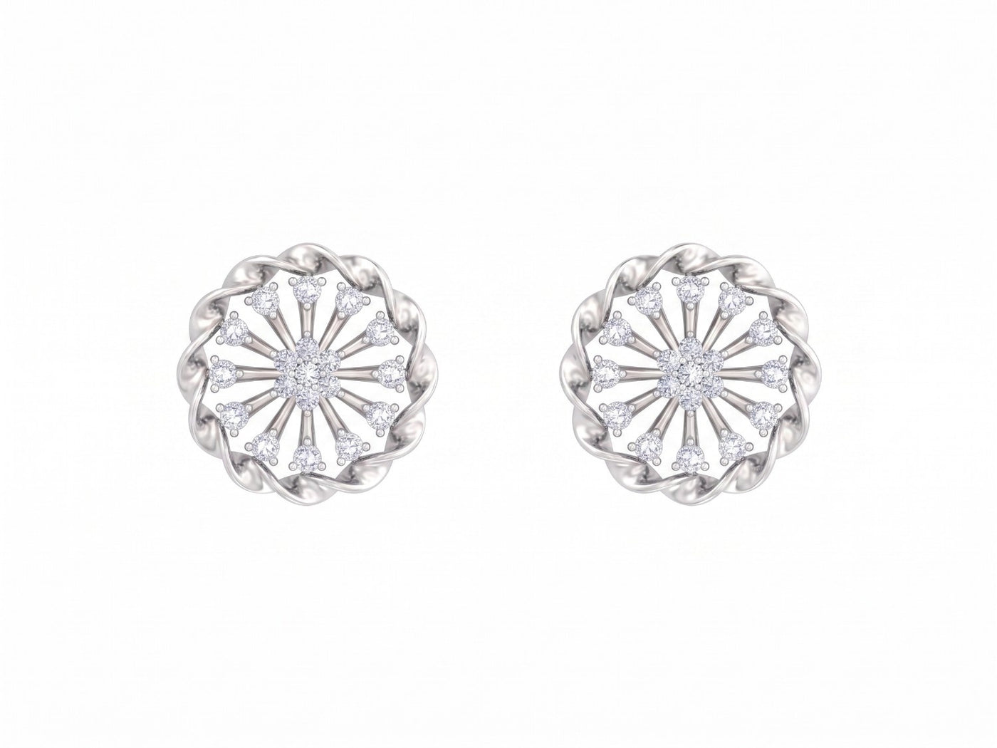 White gold and diamond stud earring with round-shaped on a white background.
