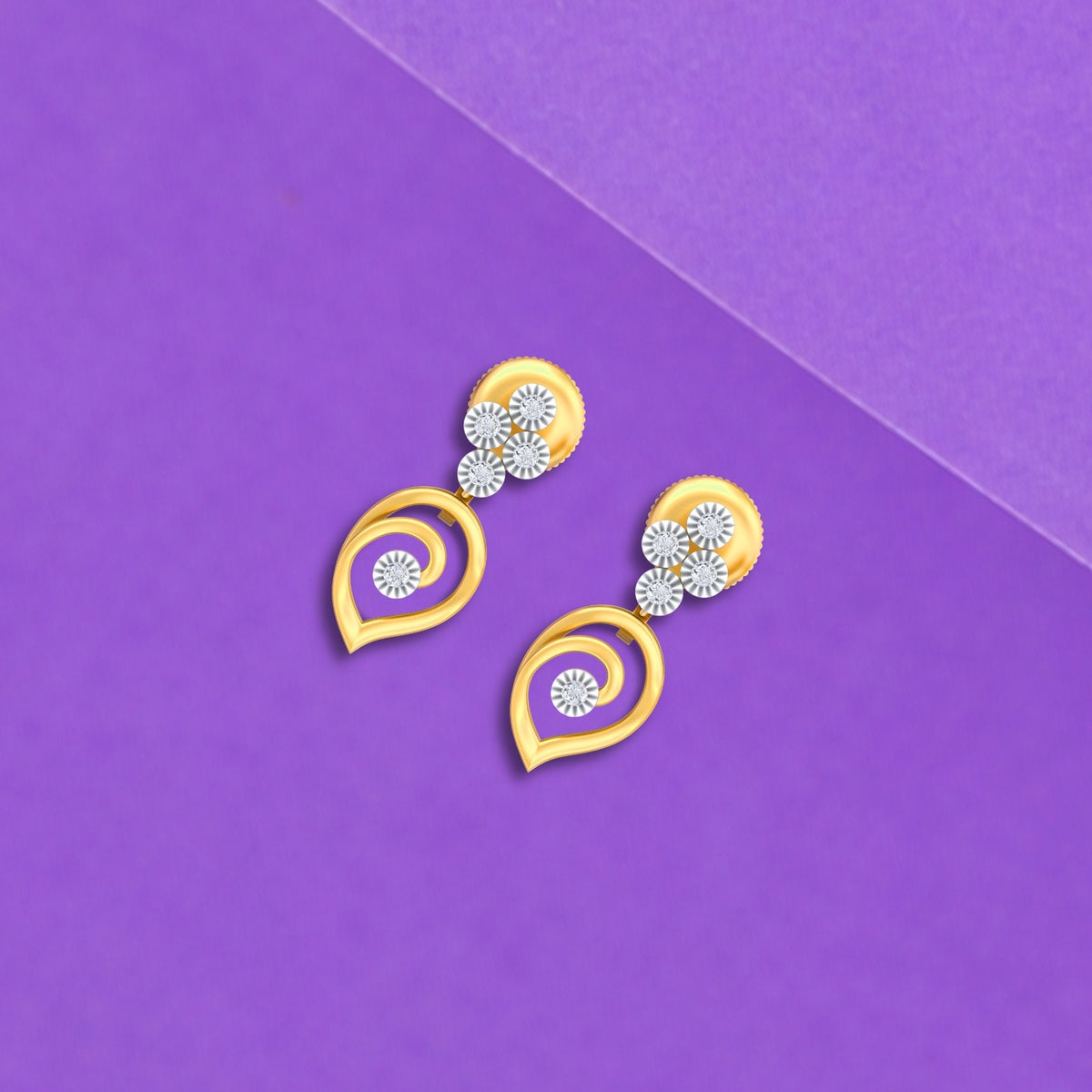 Gold and diamond drop earrings with floral design.