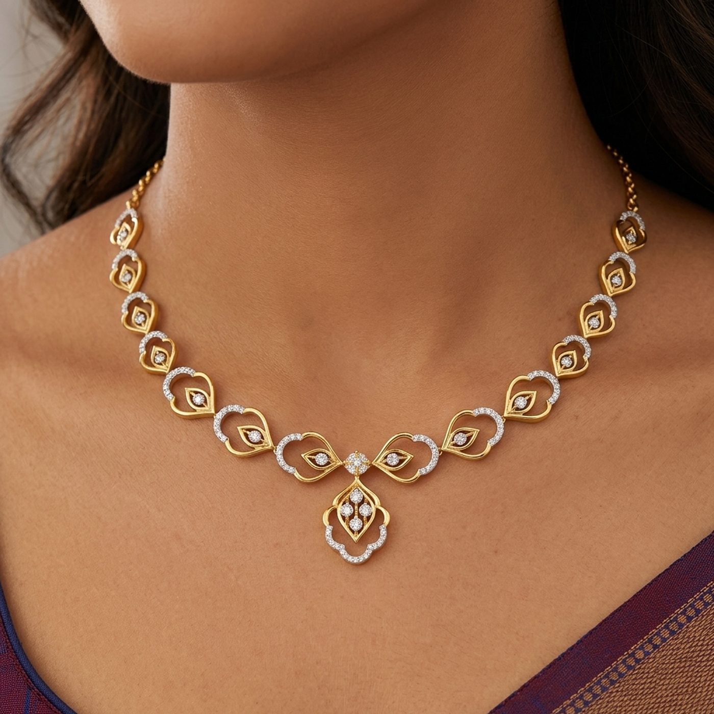 14K सोने और हीरे का हल्का नेकलेस सेट KRA44179N